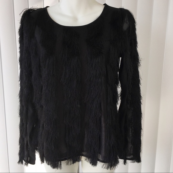 Ann Taylor Long Sleeve Black Fringe Top A13 - Picture 2 of 3